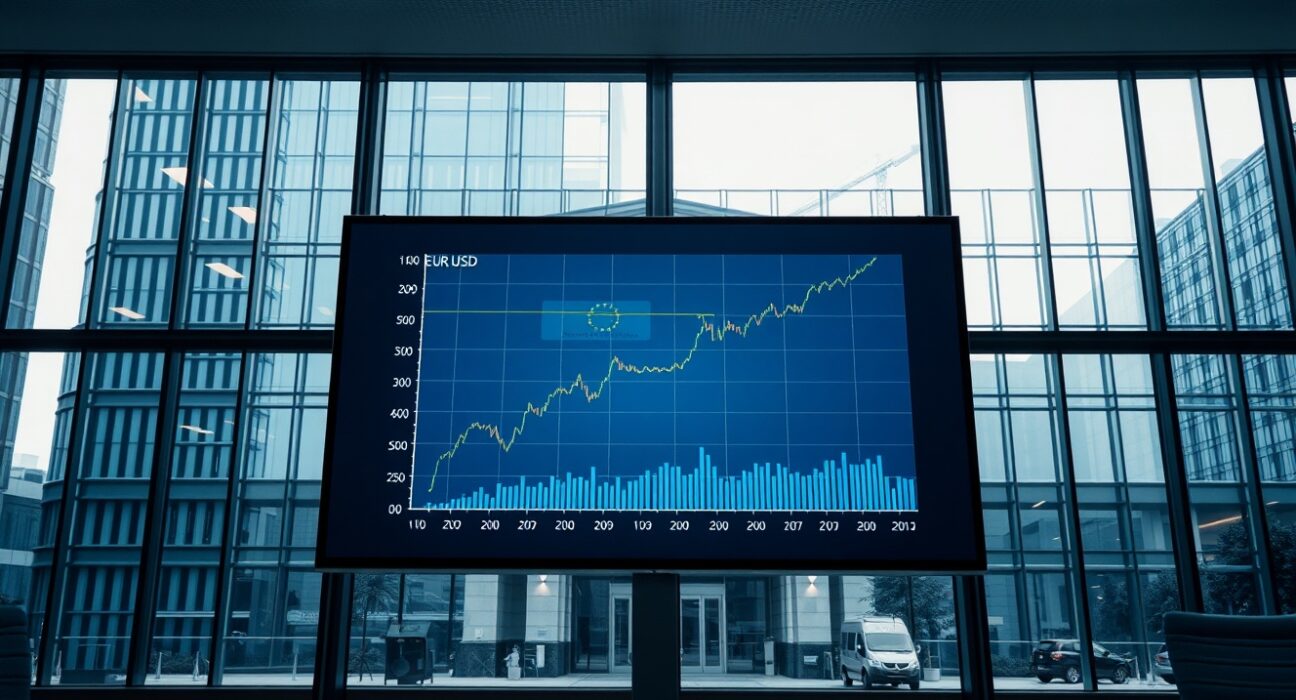 EUR/USD chart trending upward in a financial newsroom setting with ECB building in background