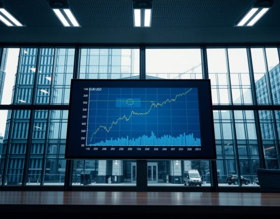 EUR/USD chart trending upward in a financial newsroom setting with ECB building in background