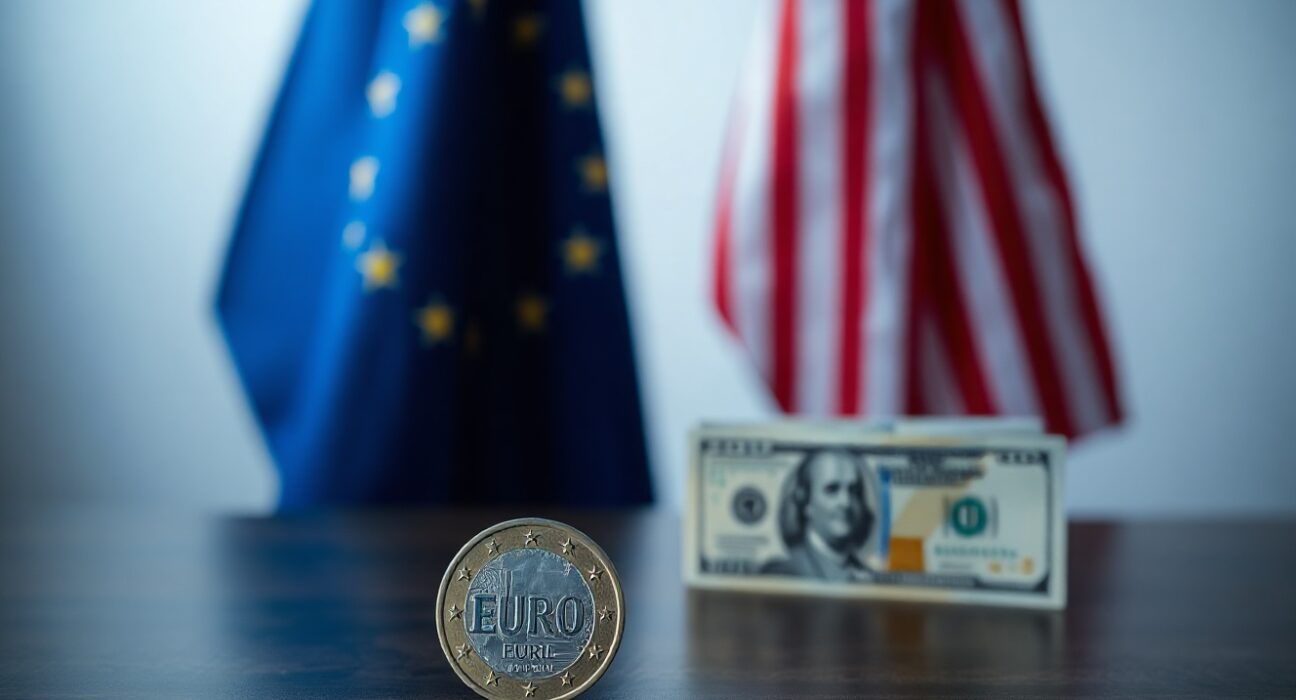 Euro coin and US dollar bill in foreground with EU and US flags blurred in background