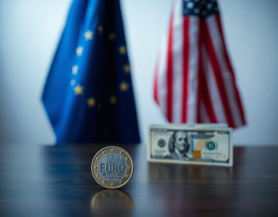 Euro coin and US dollar bill in foreground with EU and US flags blurred in background
