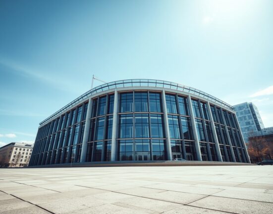 European Central Bank headquarters in Frankfurt under clear sky, representing Eurozone economic strength.
