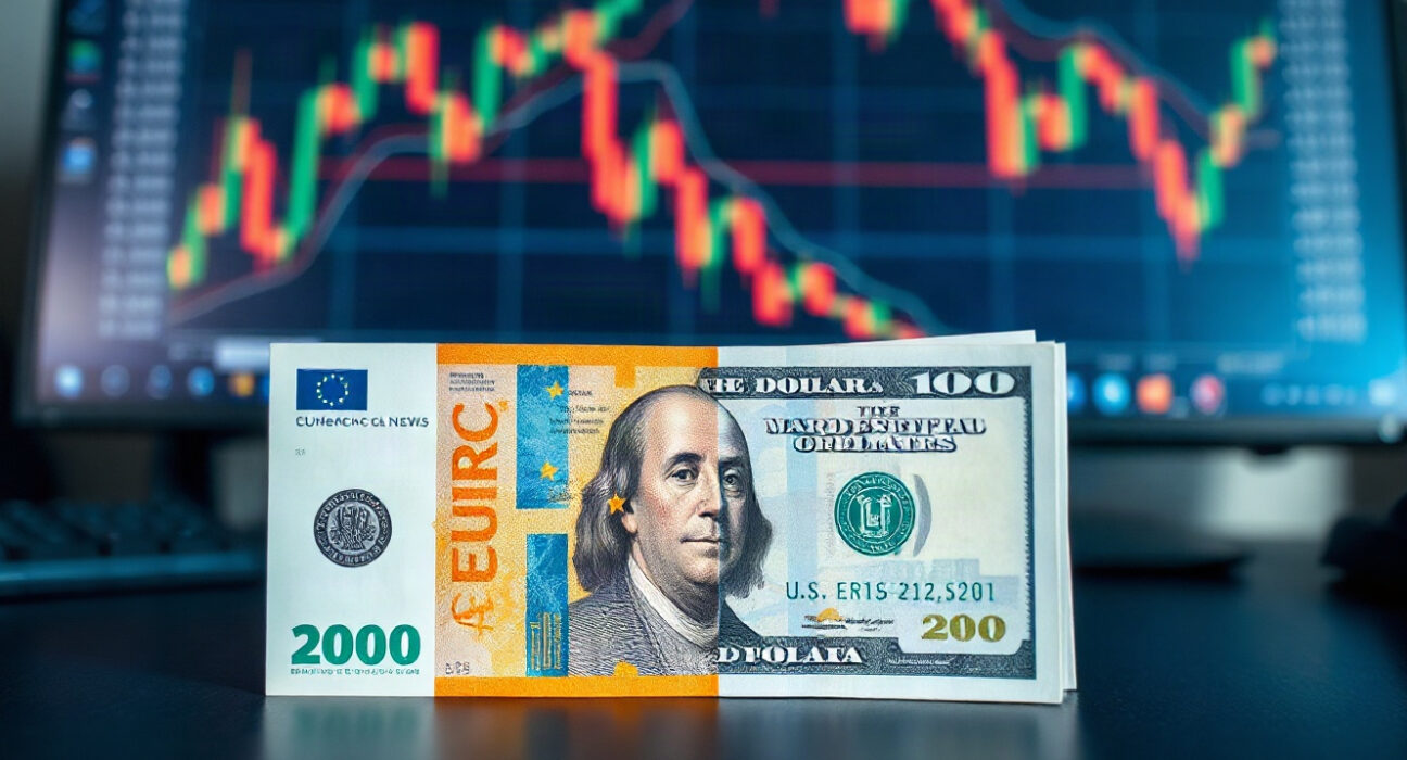 Euro and US dollar banknotes on a financial desk with charts in background