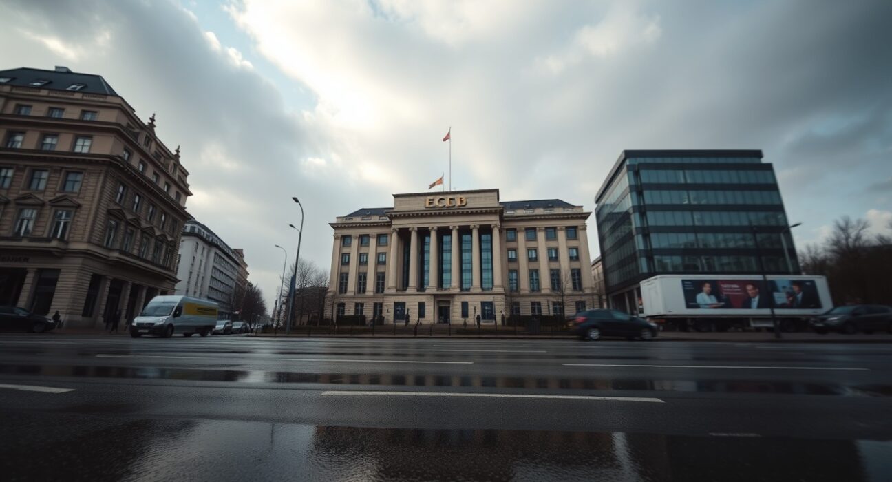 European Central Bank headquarters in Frankfurt under overcast sky