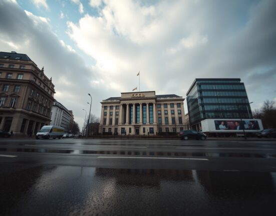 European Central Bank headquarters in Frankfurt under overcast sky