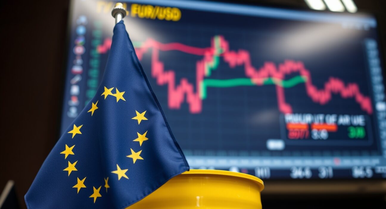 EU flag and oil barrel in foreground with financial trading screen showing EUR/USD decline in background