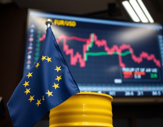EU flag and oil barrel in foreground with financial trading screen showing EUR/USD decline in background
