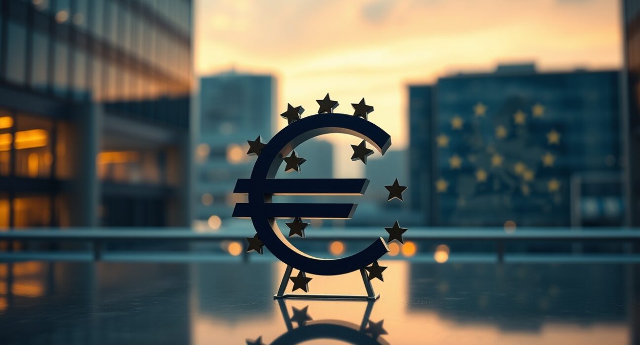 Euro currency symbol in a financial district at dusk, representing its unfulfilled global reserve status