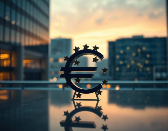 Euro currency symbol in a financial district at dusk, representing its unfulfilled global reserve status