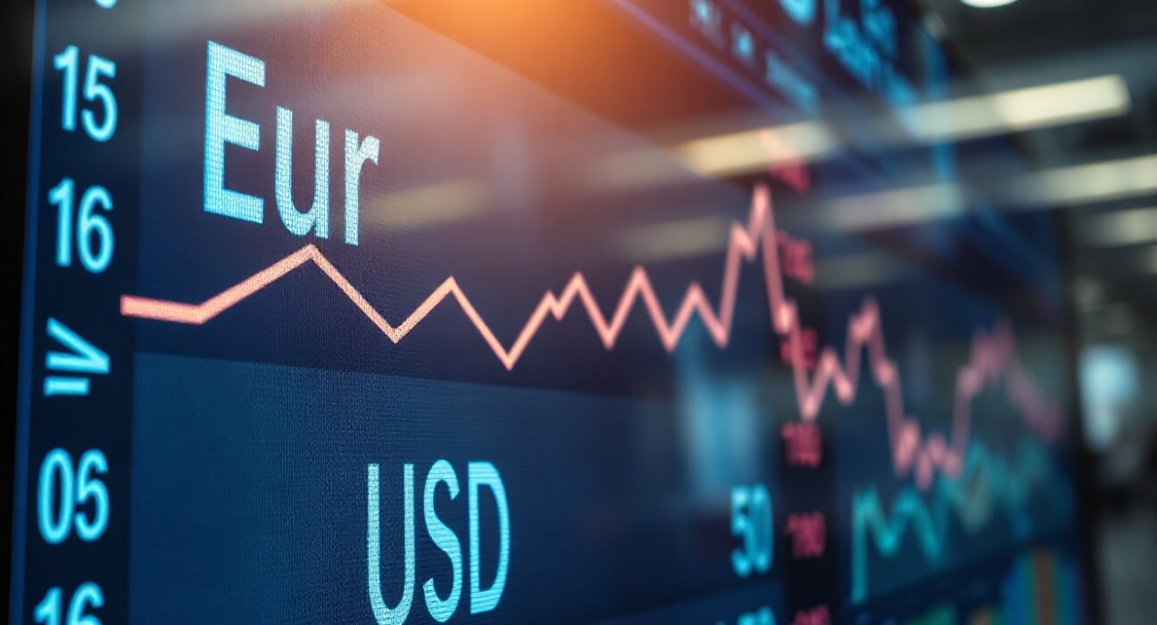 EUR/USD exchange rate chart with upward trend on a trading floor screen