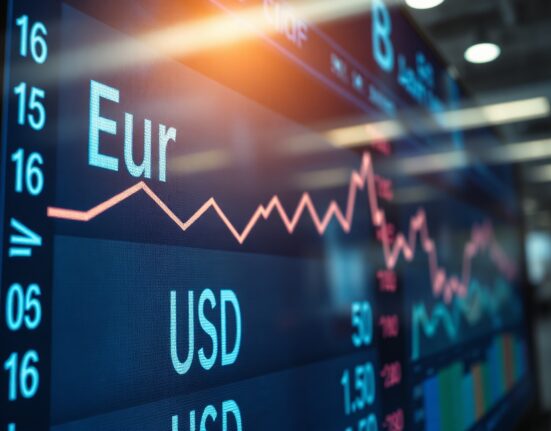 EUR/USD exchange rate chart with upward trend on a trading floor screen