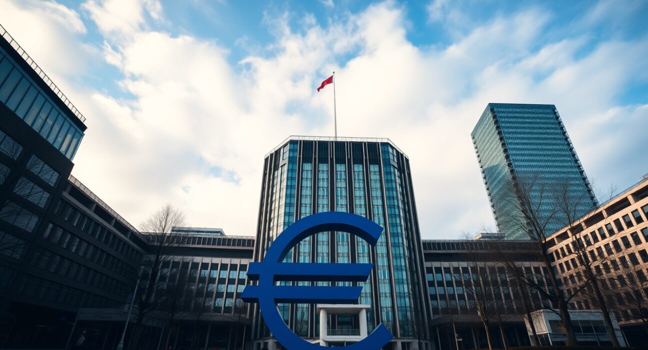 European Central Bank headquarters in Frankfurt under a partly cloudy sky, representing eurozone monetary policy.