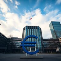 European Central Bank headquarters in Frankfurt under a partly cloudy sky, representing eurozone monetary policy.