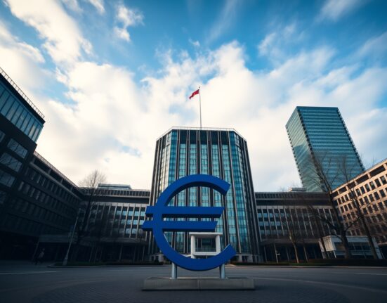 European Central Bank headquarters in Frankfurt under a partly cloudy sky, representing eurozone monetary policy.