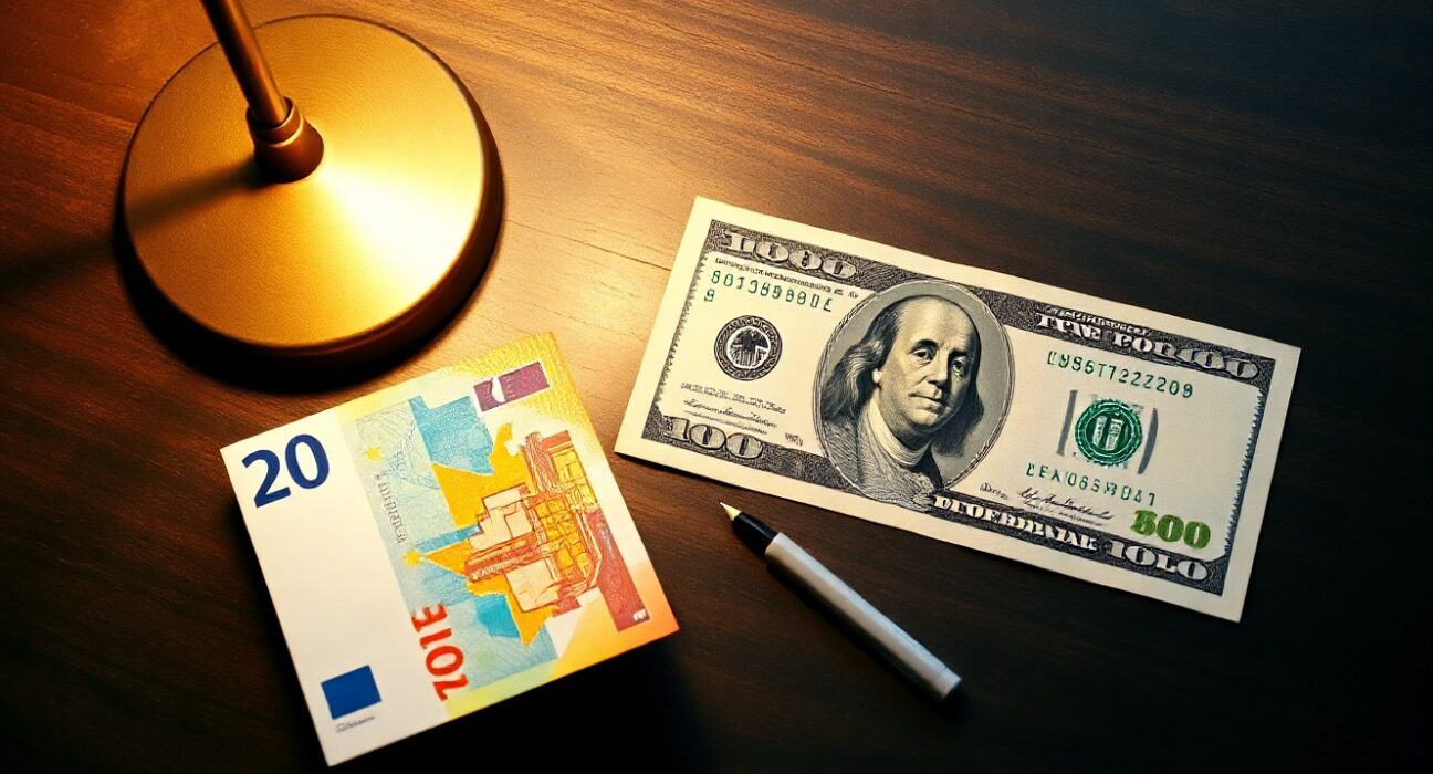Euro and US Dollar banknotes on a desk representing forex market analysis and interest rate impact.