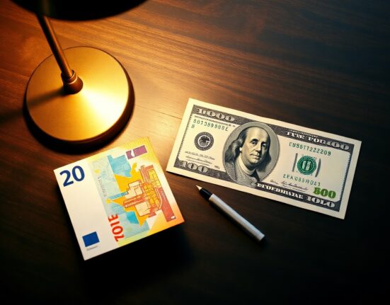 Euro and US Dollar banknotes on a desk representing forex market analysis and interest rate impact.