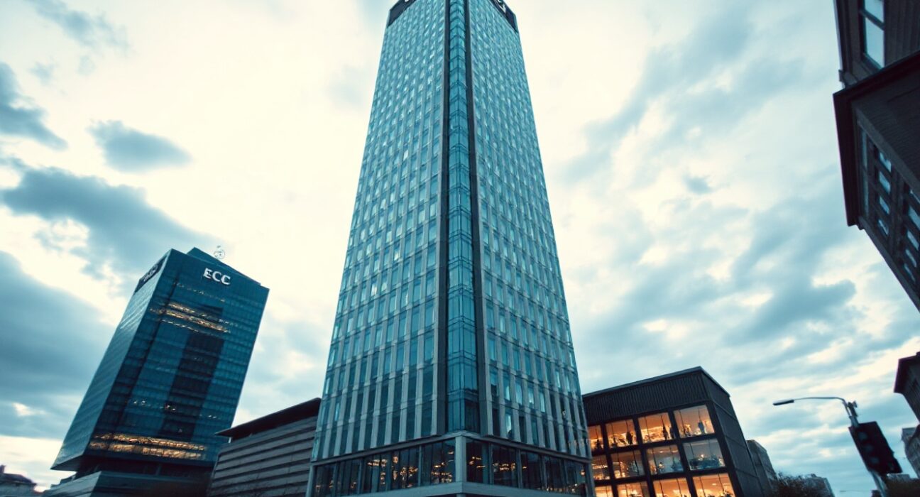 European Central Bank headquarters in Frankfurt on an overcast day, representing monetary policy uncertainty.
