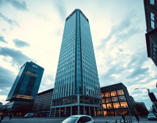 European Central Bank headquarters in Frankfurt on an overcast day, representing monetary policy uncertainty.