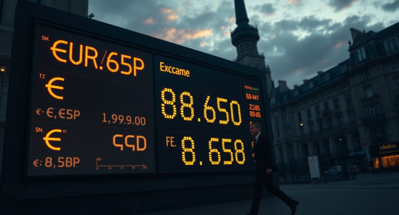 Currency exchange board showing EUR/GBP rate at 0.8650 in a financial district during geopolitical uncertainty