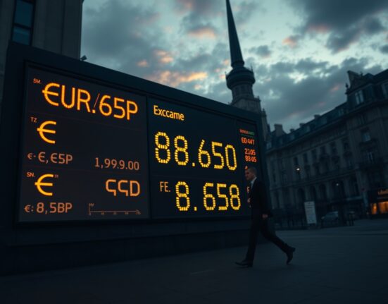 Currency exchange board showing EUR/GBP rate at 0.8650 in a financial district during geopolitical uncertainty