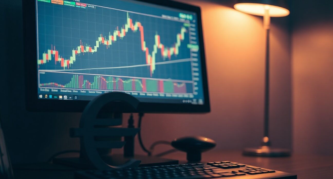 Euro currency symbol and EUR/USD chart on trading screen in a professional setting