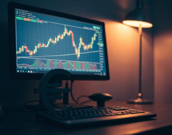 Euro currency symbol and EUR/USD chart on trading screen in a professional setting