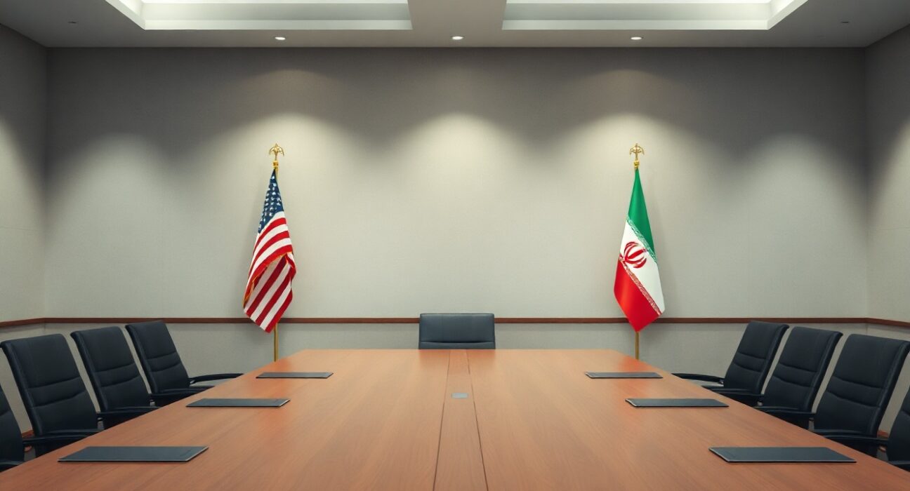 US and Iran flags on opposite sides of a diplomatic meeting table, symbolizing preliminary agreement talks.