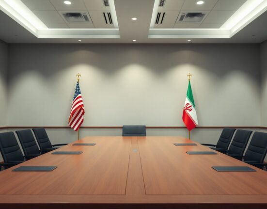 US and Iran flags on opposite sides of a diplomatic meeting table, symbolizing preliminary agreement talks.
