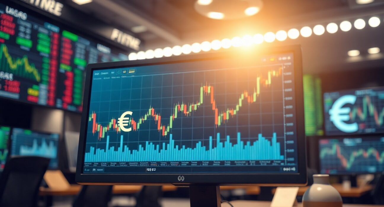 Euro currency symbol and forex trading chart on a screen