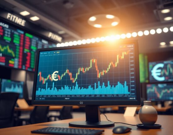 Euro currency symbol and forex trading chart on a screen