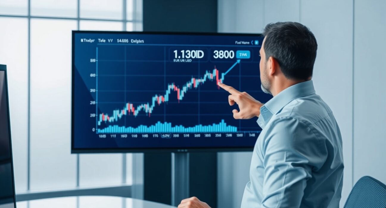 Financial analyst pointing to a EUR/USD chart showing support at 1.1300 in a modern trading office.