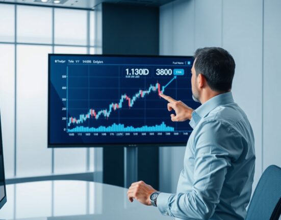 Financial analyst pointing to a EUR/USD chart showing support at 1.1300 in a modern trading office.