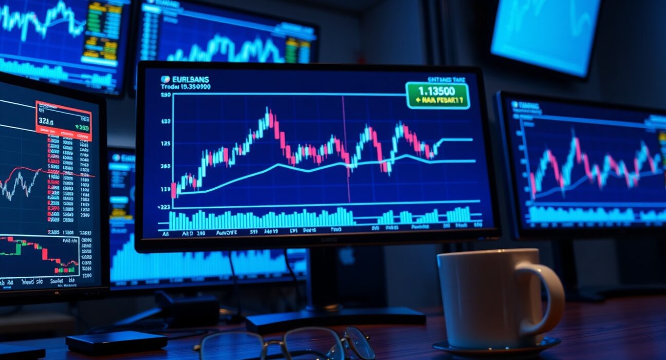 EUR/USD trading chart on monitor showing price near monthly low of 1.1350