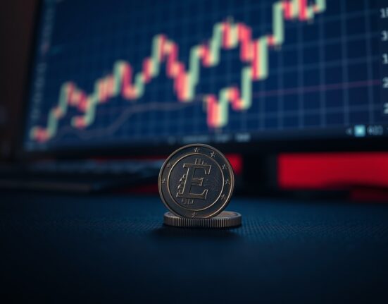 Euro coin with blurred forex chart in background