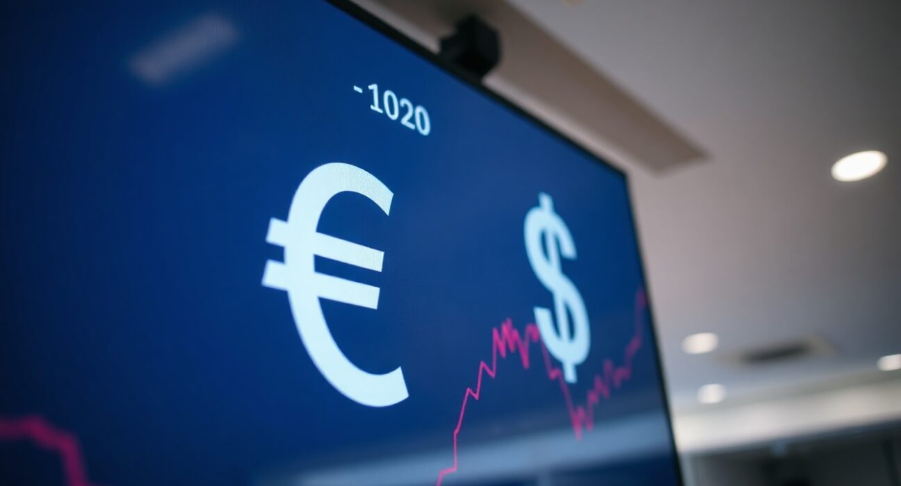 Euro and US dollar symbols on a financial trading screen, representing currency market movements