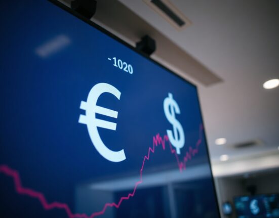 Euro and US dollar symbols on a financial trading screen, representing currency market movements