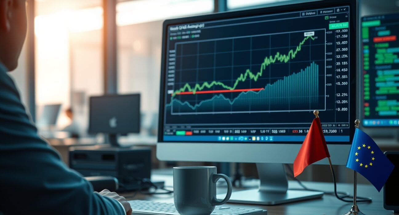 EUR/USD currency chart on a computer screen with a European Union flag on a desk