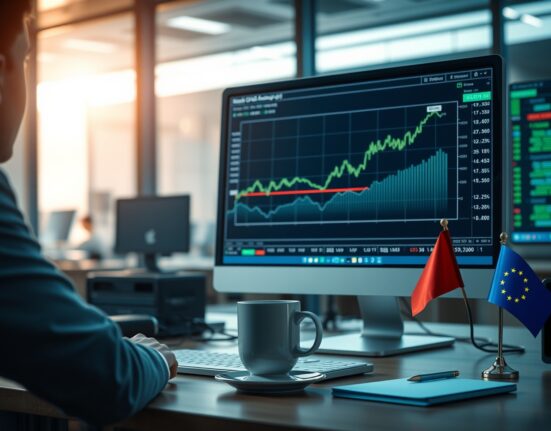 EUR/USD currency chart on a computer screen with a European Union flag on a desk