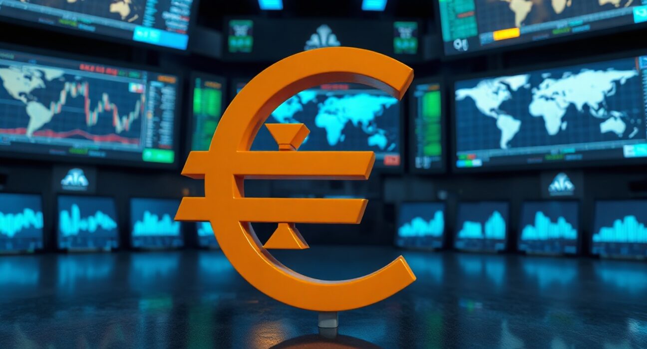Euro symbol on trading floor with currency charts in background