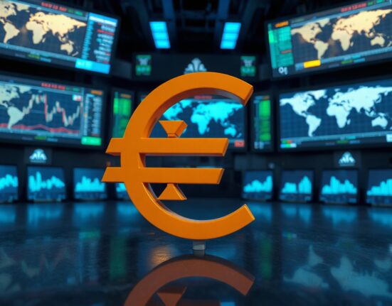 Euro symbol on trading floor with currency charts in background