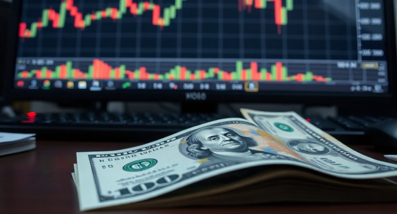 Euro and US dollar banknotes with EUR/USD chart on screen