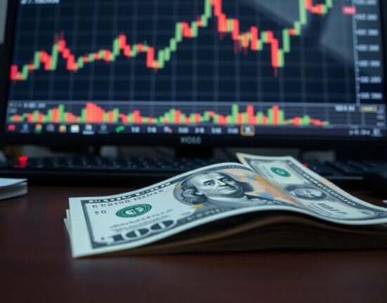 Euro and US dollar banknotes with EUR/USD chart on screen