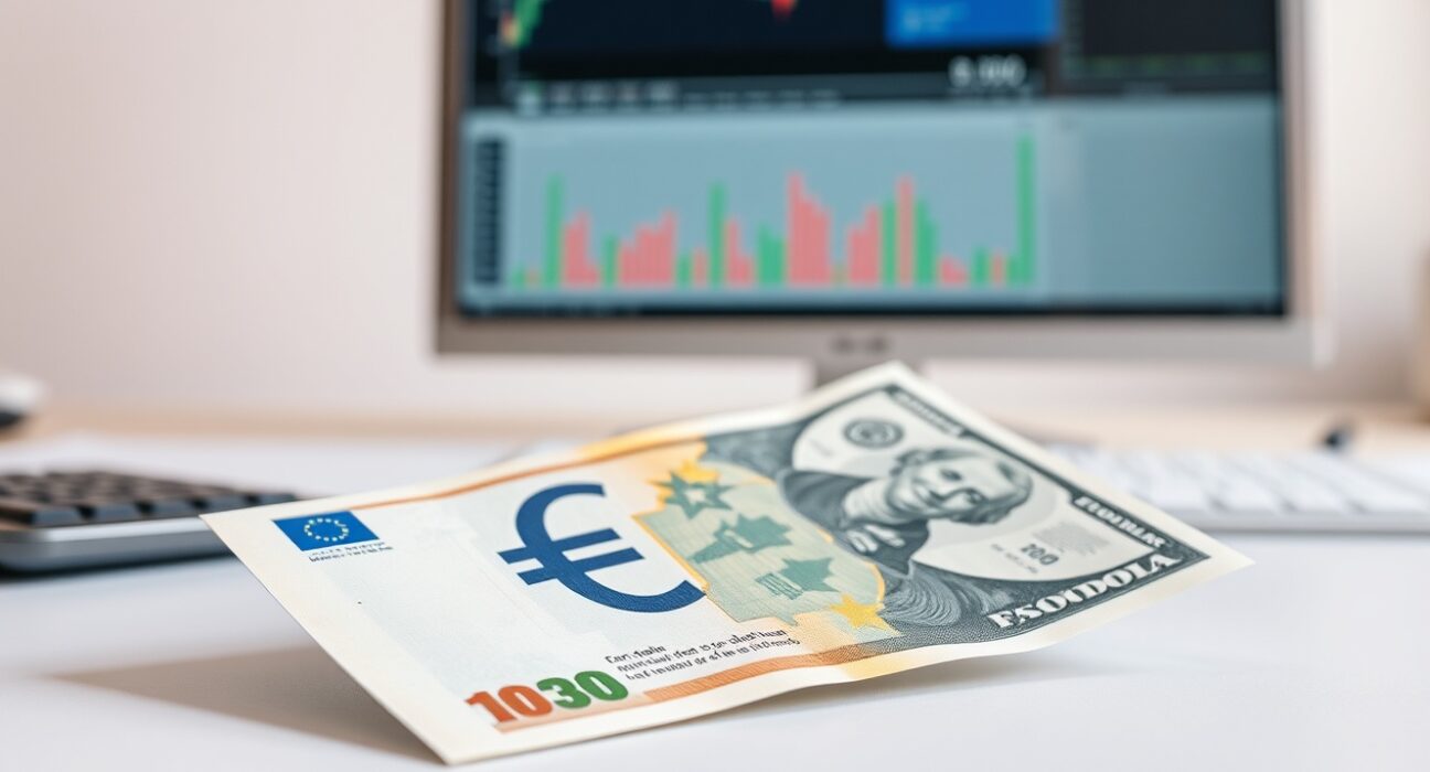 Euro and US dollar banknotes on a financial desk with a chart in the background.