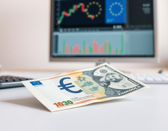 Euro and US dollar banknotes on a financial desk with a chart in the background.