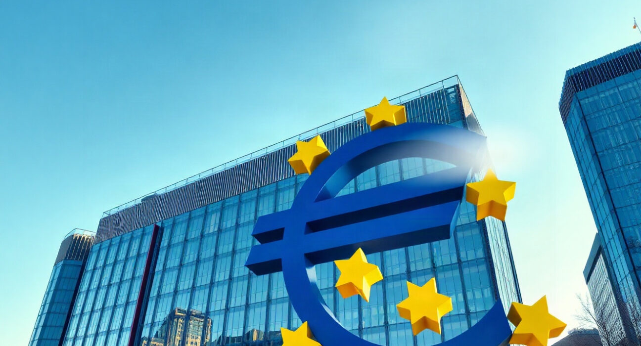 Euro currency symbol and European Central Bank building in Frankfurt