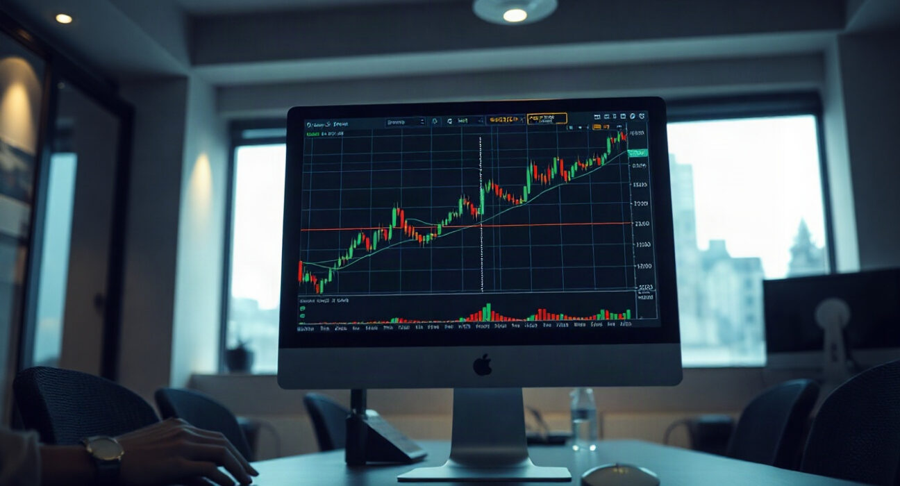 EUR/USD forex chart on a computer monitor in a trading office