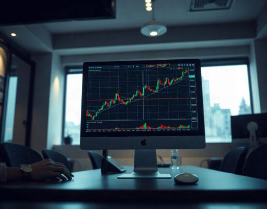 EUR/USD forex chart on a computer monitor in a trading office