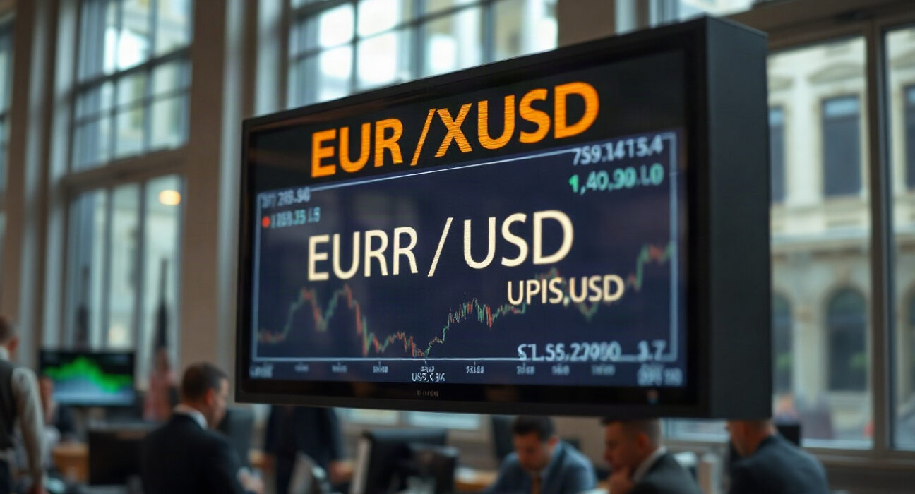 EUR/USD exchange rate chart on a screen in a financial trading floor