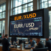 EUR/USD exchange rate chart on a screen in a financial trading floor