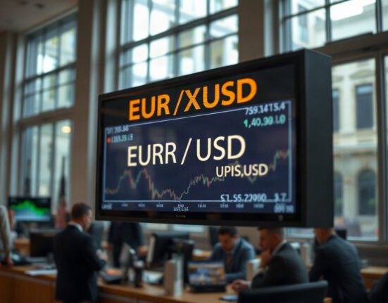 EUR/USD exchange rate chart on a screen in a financial trading floor