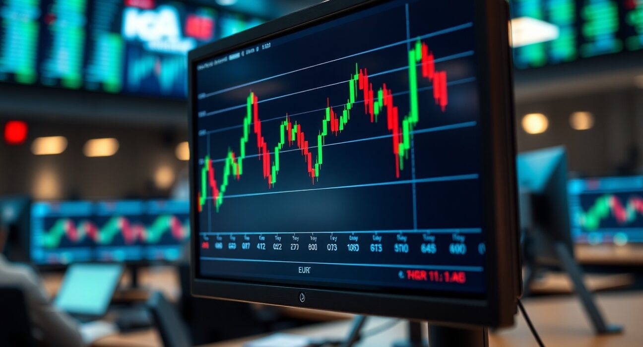 EUR/USD forex chart on a trading floor monitor with candlestick data